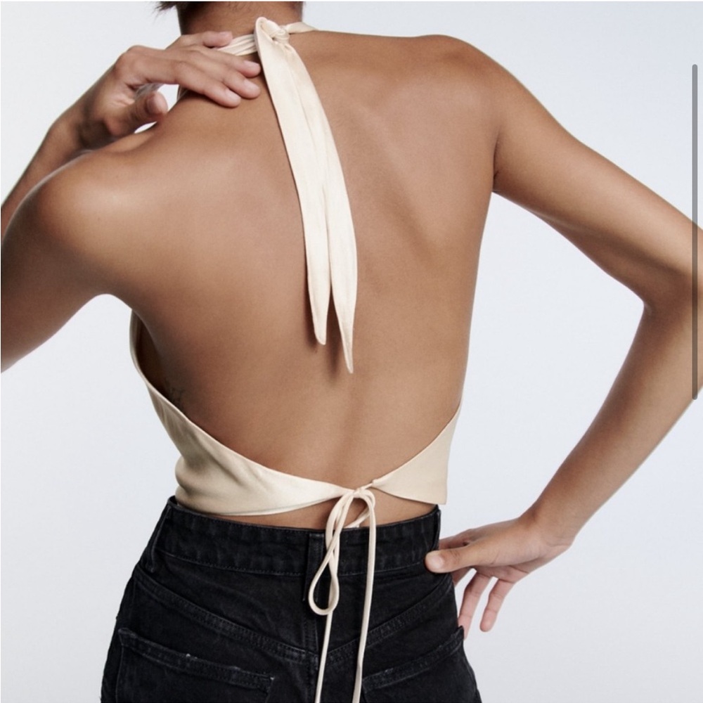 Zara Satin Cream Backless Deep Dive Tie Crop Top Size Medium - Picture 3 of 8